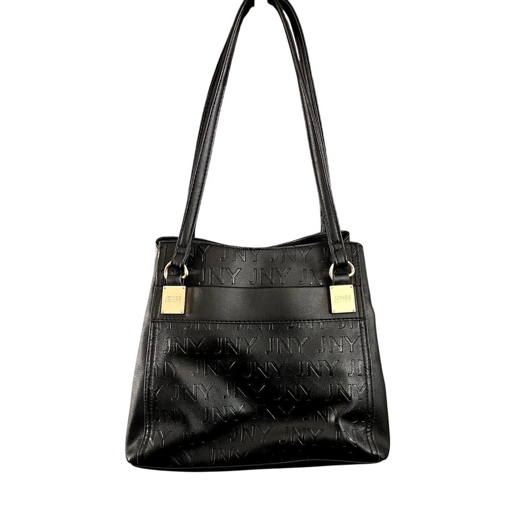 Jones New York Black JNY Debossed Logo Tote Shoulder Bag Gold Hardware